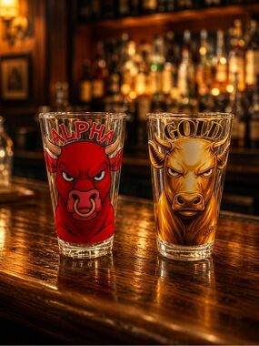 Alpha & Gold Bull Pint Glasses - Red and Gold Barware Set